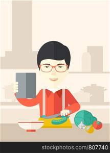 An asian man holding a digital tablet and cutting vegetables vector flat design illustration. Cooking technology concept. Vertical poster layout with a text space.. Man cooking food.