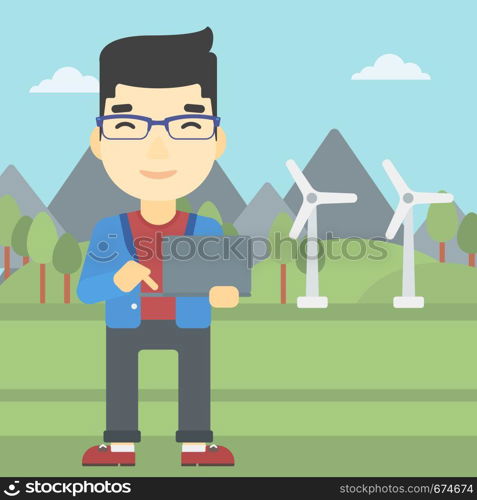 An asian man holding a laptop hands on a background with solar pannels and wind turbins. Man working on computer. Vector flat design illustration. Square layout.. Man working on laptop vector illustration.