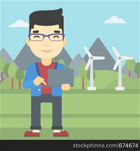 An asian man holding a laptop hands on a background with solar pannels and wind turbins. Man working on computer. Vector flat design illustration. Square layout.. Man working on laptop vector illustration.