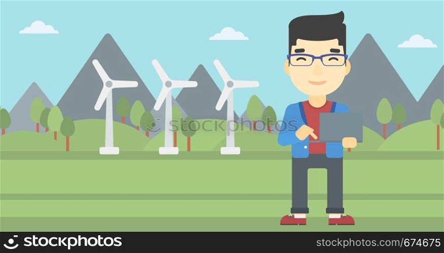 An asian man holding a laptop hands on a background with solar pannels and wind turbins. Man working on computer. Vector flat design illustration. Horizontal layout.. Man working on laptop vector illustration.