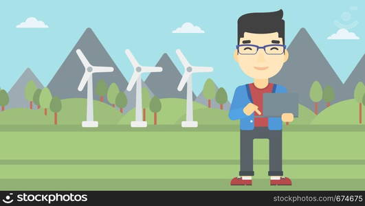 An asian man holding a laptop hands on a background with solar pannels and wind turbins. Man working on computer. Vector flat design illustration. Horizontal layout.. Man working on laptop vector illustration.