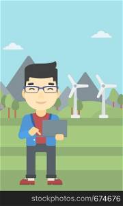 An asian man holding a laptop hands on a background with solar pannels and wind turbins. Man working on computer. Vector flat design illustration. Vertical layout.. Man working on laptop vector illustration.