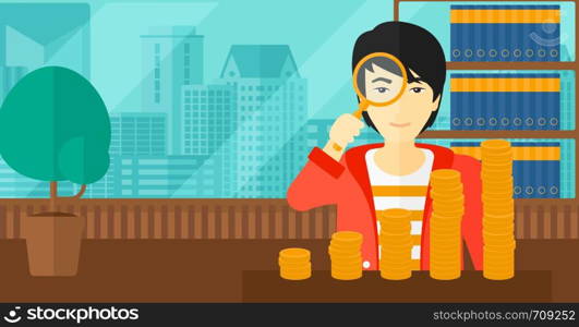 An asian man holding a magnifier and looking at stacks of golden coins on the background of panoramic modern office with city view vector flat design illustration. Horizontal layout.. Man with magnifier and golden coins.