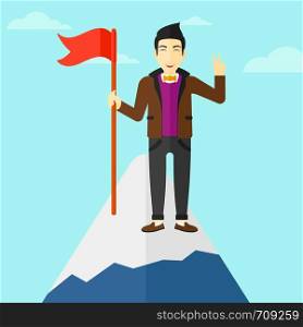 An asian man holding a red flag on the top of the mountain on the background of blue sky vector flat design illustration. Square layout.. Cheerful leader man.