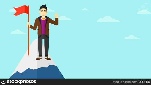 An asian man holding a red flag on the top of the mountain on the background of blue sky vector flat design illustration. Horizontal layout.. Cheerful leader man.