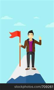An asian man holding a red flag on the top of the mountain on the background of blue sky vector flat design illustration. Vertical layout.. Cheerful leader man.