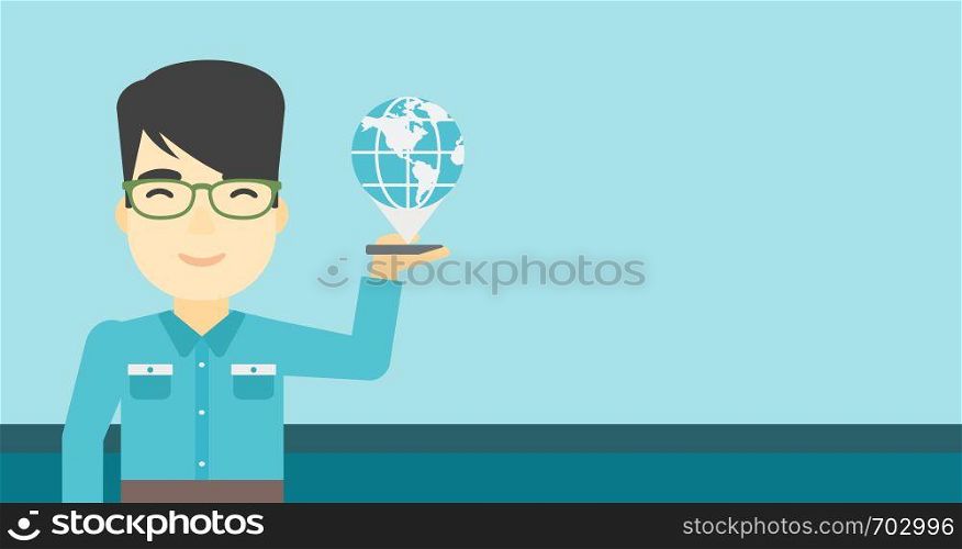 An asian man holding a smartphone with a model of planet earth above the device. International technology communication concept. Vector flat design illustration. Horizontal layout.. International technology communication.