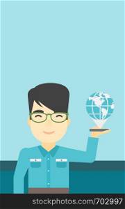 An asian man holding a smartphone with a model of planet earth above the device. International technology communication concept. Vector flat design illustration. Vertical layout.. International technology communication.