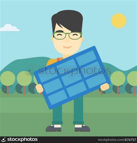 An asian man holding a solar panel in hands on the background of mountain landscape. Green energy concept. Vector flat design illustration. Square layout.. Man holding solar panel vector illustration.