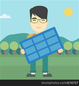 An asian man holding a solar panel in hands on the background of mountain landscape. Green energy concept. Vector flat design illustration. Square layout.. Man holding solar panel vector illustration.