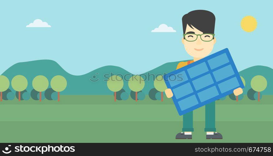 An asian man holding a solar panel in hands on the background of mountain landscape. Green energy concept. Vector flat design illustration. Horizontal layout.. Man holding solar panel vector illustration.