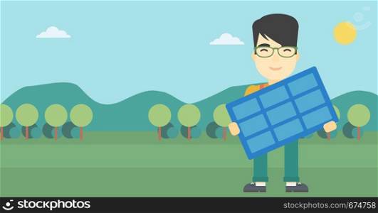 An asian man holding a solar panel in hands on the background of mountain landscape. Green energy concept. Vector flat design illustration. Horizontal layout.. Man holding solar panel vector illustration.