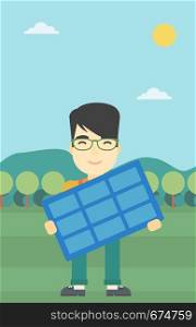 An asian man holding a solar panel in hands on the background of mountain landscape. Green energy concept. Vector flat design illustration. Vertical layout.. Man holding solar panel vector illustration.