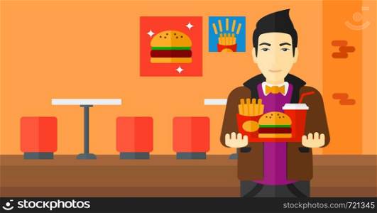 An asian man holding a tray full of junk food on a cafe background vector flat design illustration. Horizontal layout.. Man with fast food.