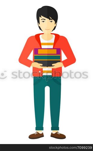 An asian man holding pile of books vector flat design illustration isolated on white background. . Man holding pile of books.