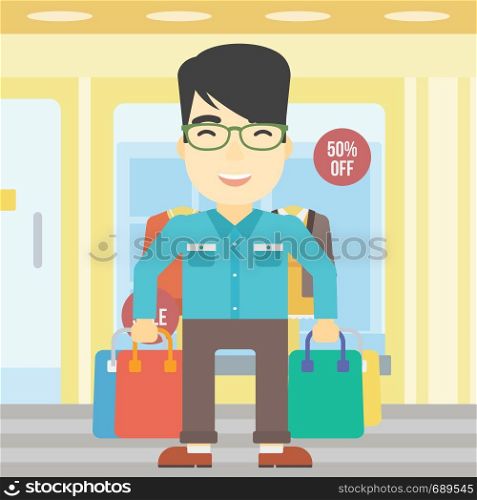 An asian man holding shopping bags on the background of boutique window with dressed mannequins. Happy young man carrying shopping bags. Vector flat design illustration. Square layout.. Happy man with shopping bags vector illustration.