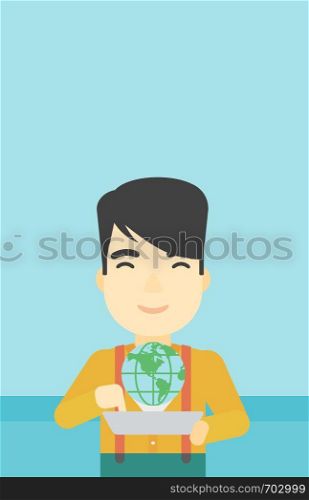 An asian man holding tablet computer with model of planet earth above the device. International technology communication concept. Vector flat design illustration. Vertical layout.. International technology communication.