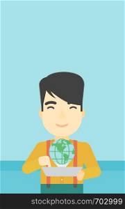An asian man holding tablet computer with model of planet earth above the device. International technology communication concept. Vector flat design illustration. Vertical layout.. International technology communication.