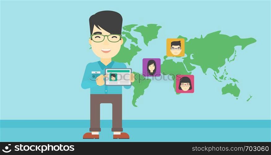 An asian man holding tablet computer with social network user profile on a screen on the background of map with avatars of social network. Vector flat design illustration. Horizontal layout.. Man holding tablet with social network.
