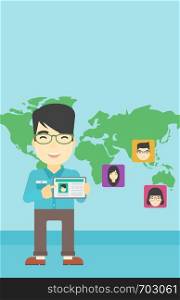 An asian man holding tablet computer with social network user profile on a screen on the background of map with avatars of social network. Vector flat design illustration. Vertical layout.. Man holding tablet with social network.