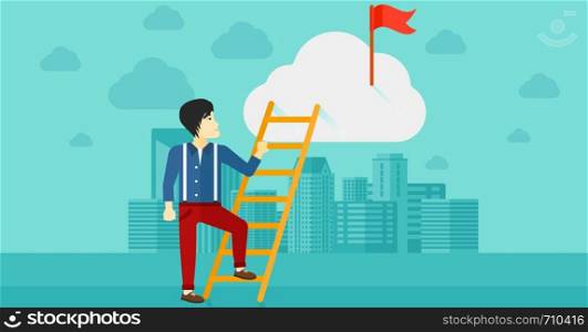 An asian man holding the ladder to get the red flag on the top of the cloud on the background of modern city vector flat design illustration. Horizontal layout.. Man climbing the ladder.