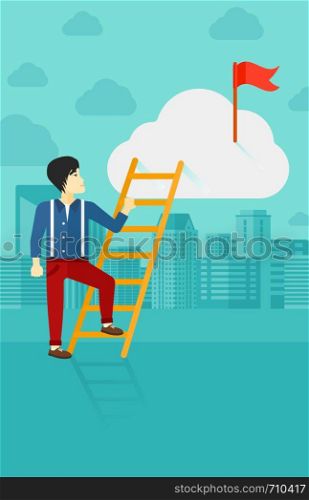 An asian man holding the ladder to get the red flag on the top of the cloud on the background of modern city vector flat design illustration. Vertical layout.. Man climbing the ladder.