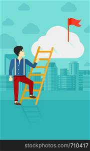 An asian man holding the ladder to get the red flag on the top of the cloud on the background of modern city vector flat design illustration. Vertical layout.. Man climbing the ladder.