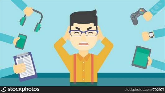An asian man in despair and many hands with gadgets around him. Young man surrounded with gadgets. Man using many electronic gadgets. Vector flat design illustration. Horizontal layout.. Young man surrounded with his gadgets.