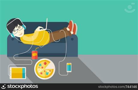 An asian man in glasses and headphones lying on a sofa with electronic devices and fast food vector flat design illustration. Horizontal layout with a text space.. Man lying on sofa.