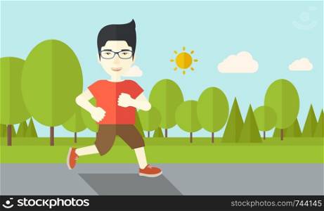 An asian man in glasses jogging in the park vector flat design illustration. Lifestyle concept. Horizontal layout with a text space.. Jogger.