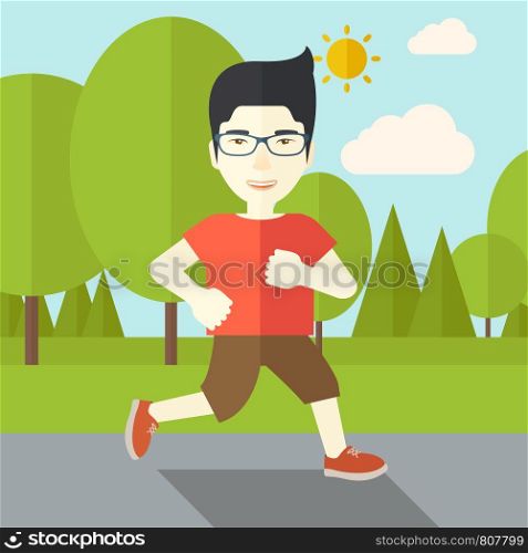 An asian man in glasses jogging in the park vector flat design illustration. Lifestyle concept. Square layout.. Jogger.