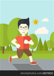 An asian man in glasses jogging in the park vector flat design illustration. Lifestyle concept. Vertical layout with a text space.. Jogger.