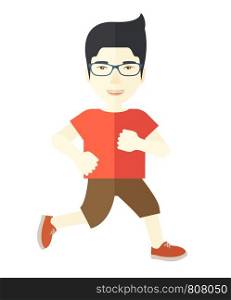 An asian man in glasses jogging vector flat design illustration isolated on white background. Lifestyle concept. Vertical layout.. Jogger.