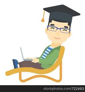 An asian man in graduation cap lying in chaise long with laptop vector flat design illustration isolated on white background. . Graduate lying on chaise lounge with laptop.