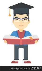 An asian man in graduation cap with an open book in hands vector flat design illustration isolated on white background. Vertical layout.. Man in graduation cap holding book.