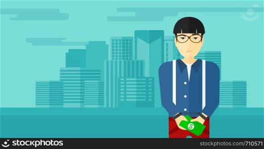 An asian man in handcuffs with money in hands on the background of modern city vector flat design illustration. Horizontal layout.. Man handcuffed for crime.