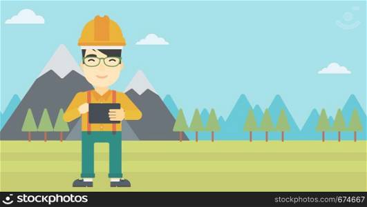 An asian man in hardhat holding a tablet computer in hands on the background of mountain landscape. Man working on digital tablet. Vector flat design illustration. Horizontal layout.. Man holding tablet computer vector illustration.