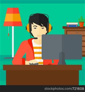 An asian man in headphones sitting in front of computer monitor with mouse in hand on living room background vector flat design illustration. Square layout.. Man playing video game.