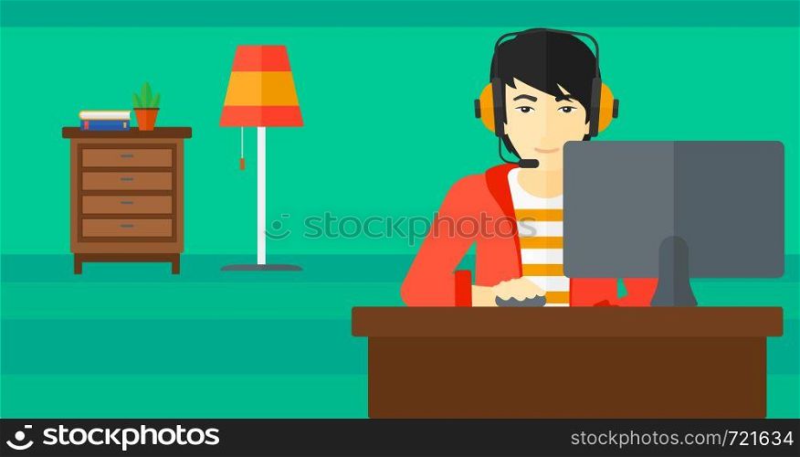 An asian man in headphones sitting in front of computer monitor with mouse in hand on living room background vector flat design illustration. Horizontal layout.. Man playing video game.