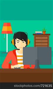 An asian man in headphones sitting in front of computer monitor with mouse in hand on living room background vector flat design illustration. Vertical layout.. Man playing video game.