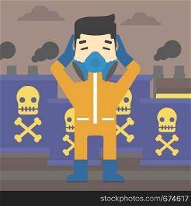 An asian man in mask and radiation protective suit clutching head while standing on a background of radioactive barrel. Vector flat design illustration. Square layout.. Man in radiation protective suit.