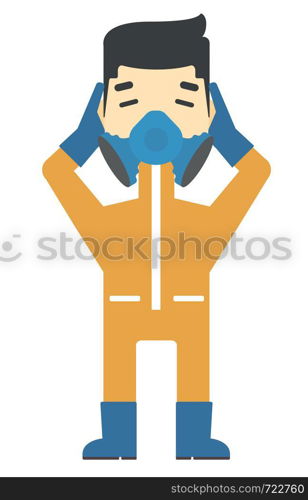 An asian man in protective chemical suit clutching his head vector flat design illustration isolated on white background. Vertical layout.. Man in protective chemical suit.