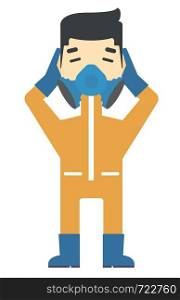 An asian man in protective chemical suit clutching his head vector flat design illustration isolated on white background. Vertical layout.. Man in protective chemical suit.