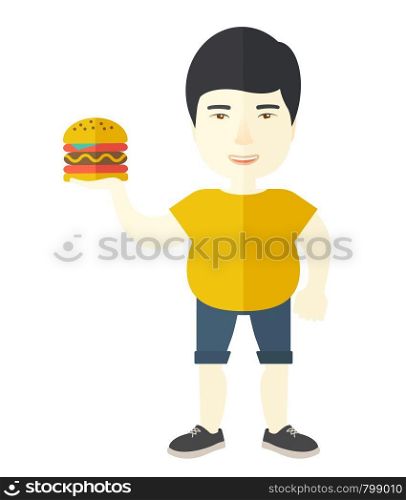 An asian man in sportswear holding hamburger vector flat design illustration isolated on white background. Vertical layout.. Man with hamburger.