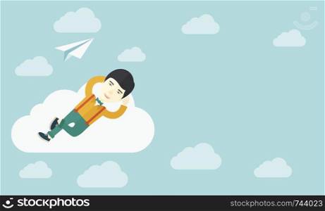 An asian man is relaxing while lying on a cloud with paper plane. A contemporary style with pastel palette soft blue tinted background with desaturated clouds. Vector flat design illustration. Horizontal layout.. Asian man lying on a cloud with paper plane.