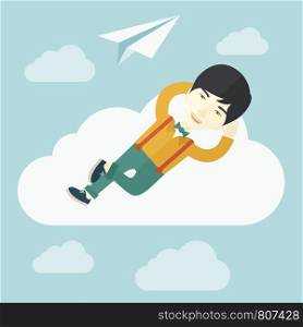 An asian man is relaxing while lying on a cloud with paper plane. A contemporary style with pastel palette soft blue tinted background with desaturated clouds. Vector flat design illustration. Square layout. . Asian man lying on a cloud with paper plane.