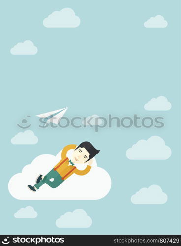 An asian man is relaxing while lying on a cloud with paper plane. A contemporary style with pastel palette soft blue tinted background with desaturated clouds. Vector flat design illustration. Vertical layout.. Asian man lying on a cloud with paper plane.