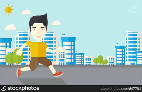 An asian man jogging on street vector flat design illustration. Lifestyle concept. Horizontal layout with a text space.. Jogger.