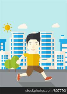 An asian man jogging on street vector flat design illustration. Lifestyle concept. Vertical layout with a text space.. Jogger.
