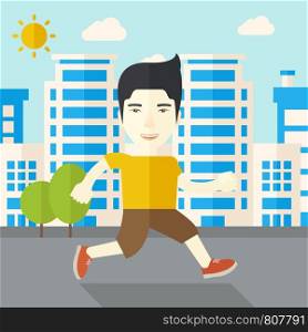 An asian man jogging on street vector flat design illustration. Lifestyle concept. Square layout.. Jogger.